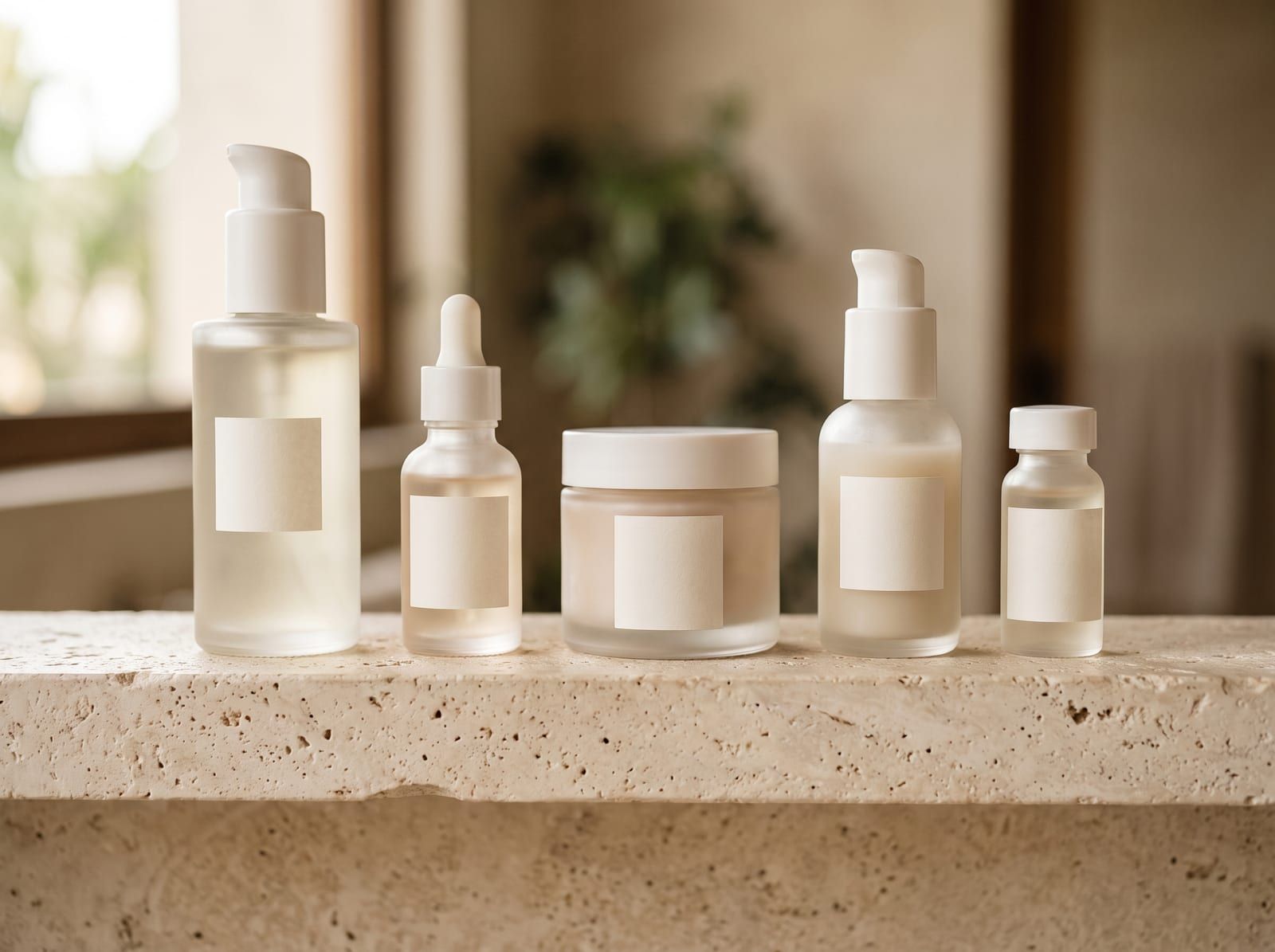 Sticle de cosmetice din sticlă mată, aliniate pe un raft, fiecare cu eticheta ei.