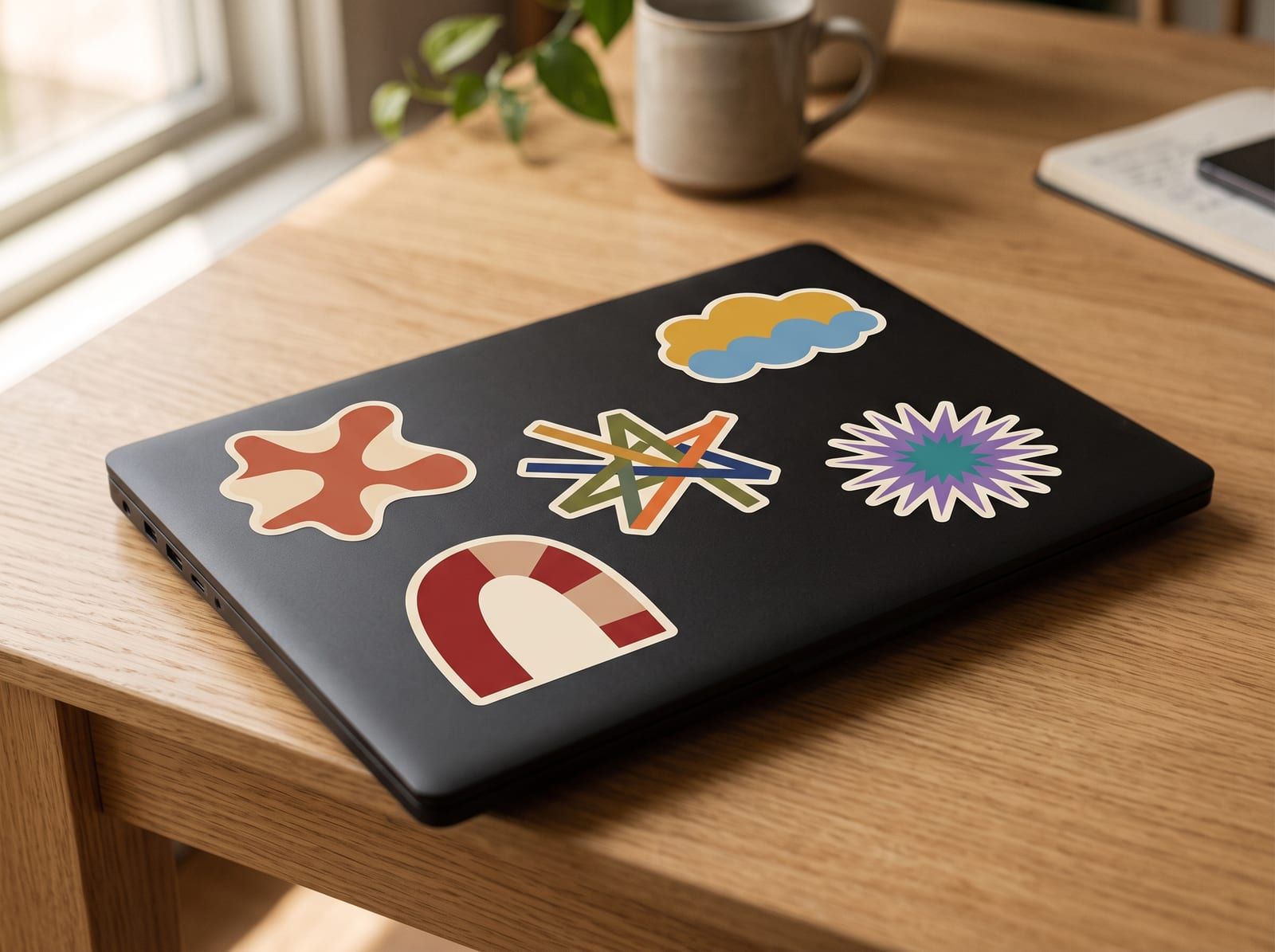 Cinci stickere decupate, lipite în unghiuri diferite pe capacul unui laptop.